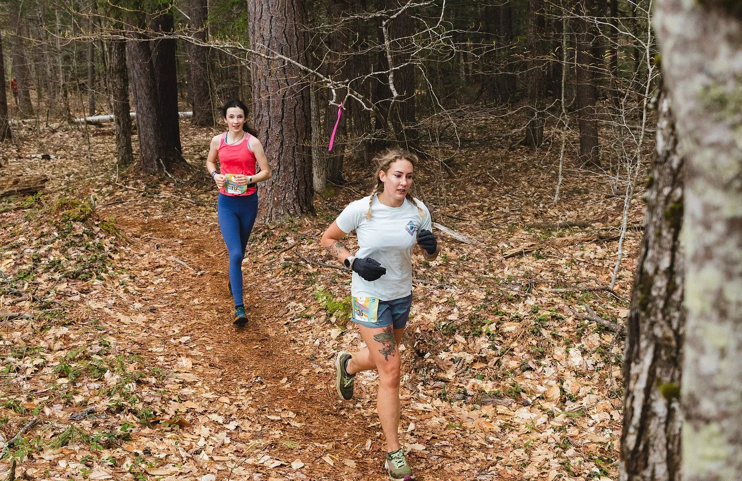 Two runners on the trail through the woods