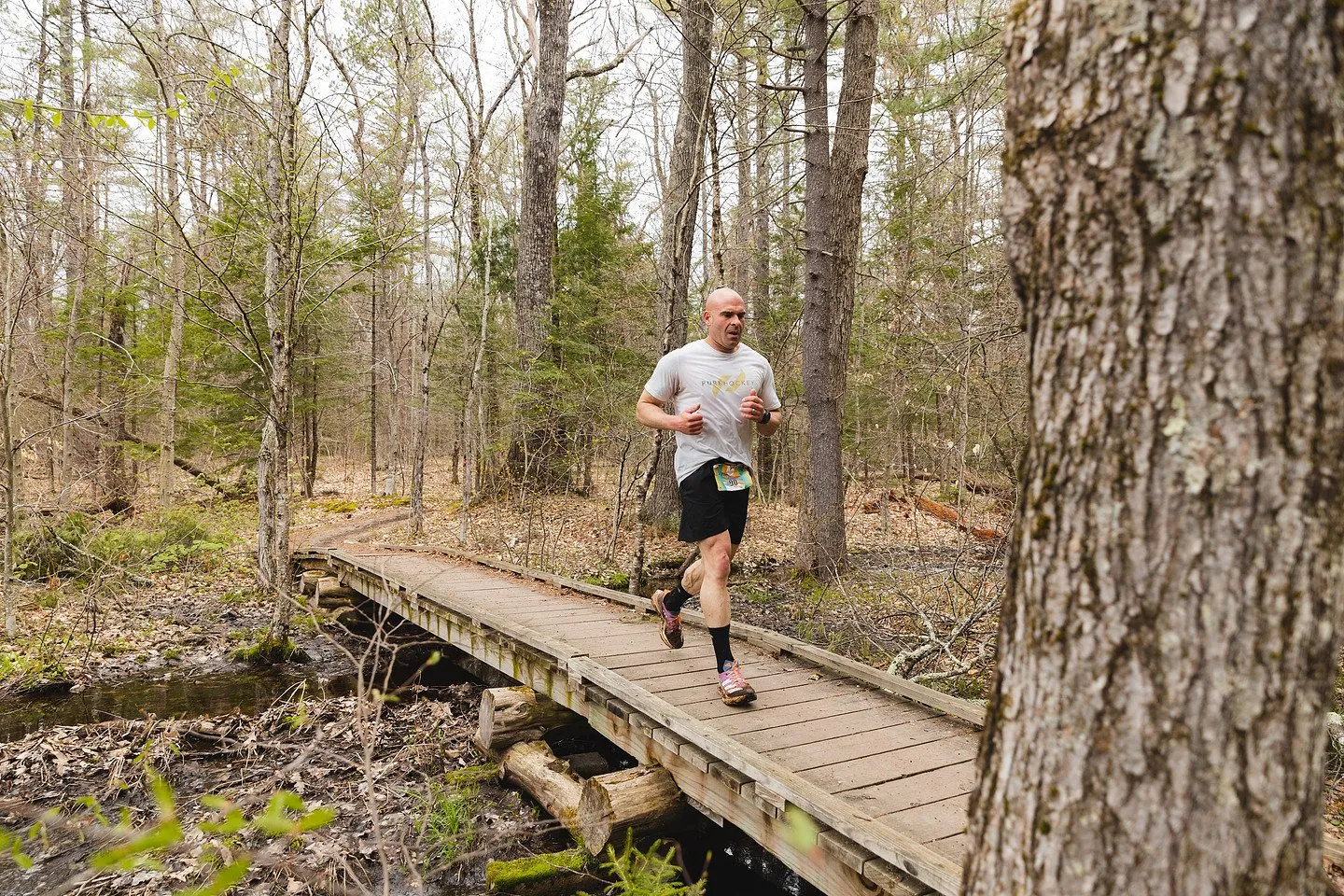 A runner on the boardwalk through the woods