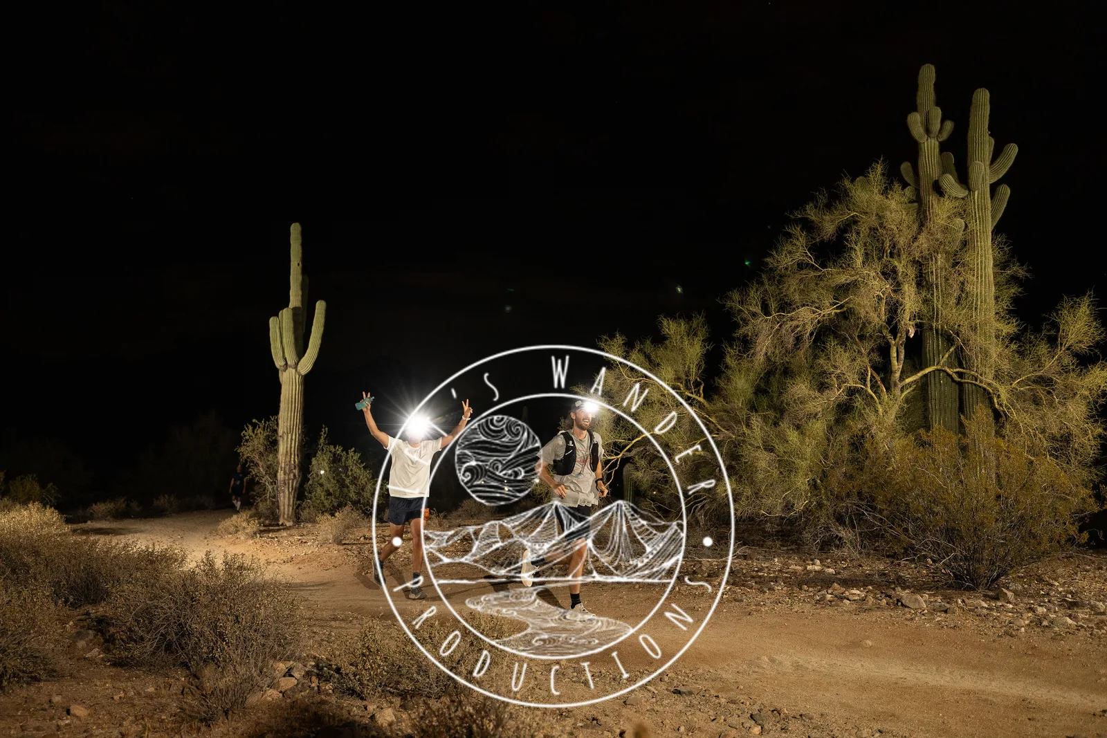 Runners among the saguaros at the Sinister Night Runs in San Tan Mountain Regional Park