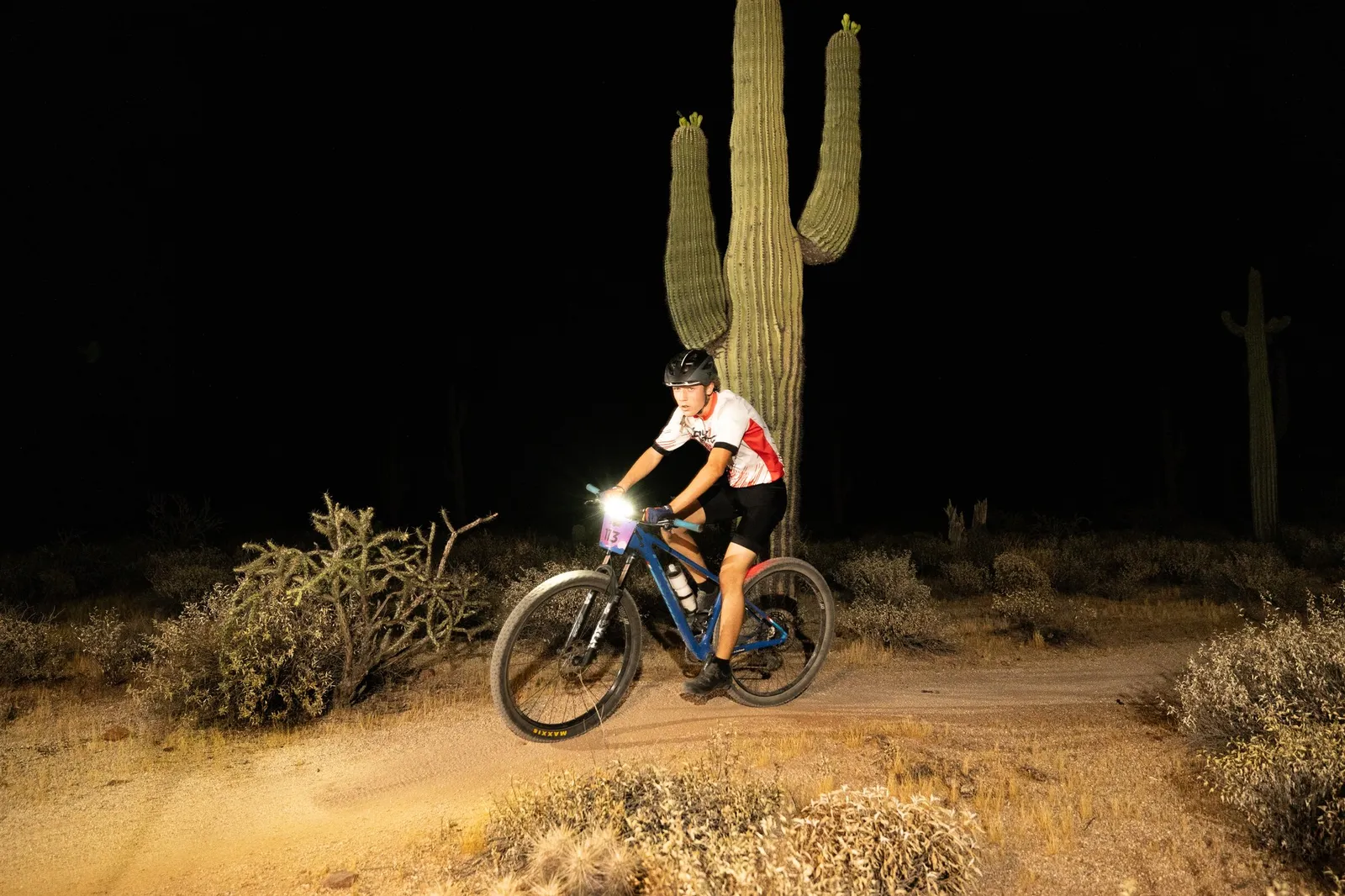 Rider by bike light past a saguaro at the Adrenaline Night Rides in McDowell Mountain Regional Park