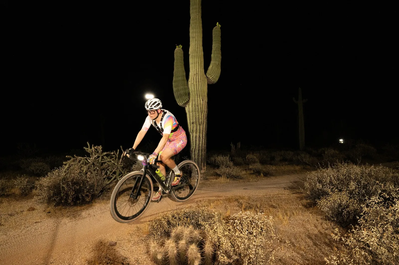Rider by bike light past a saguaro at the Adrenaline Night Rides in McDowell Mountain Regional Park