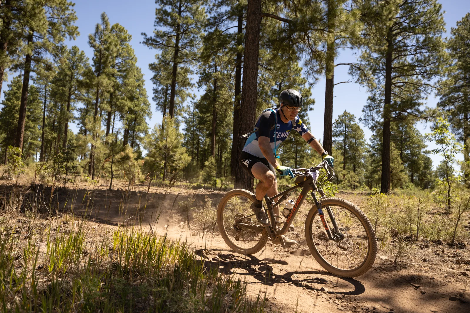 Rider on the Big Woody Rides loop in the pines near Flagstaff
