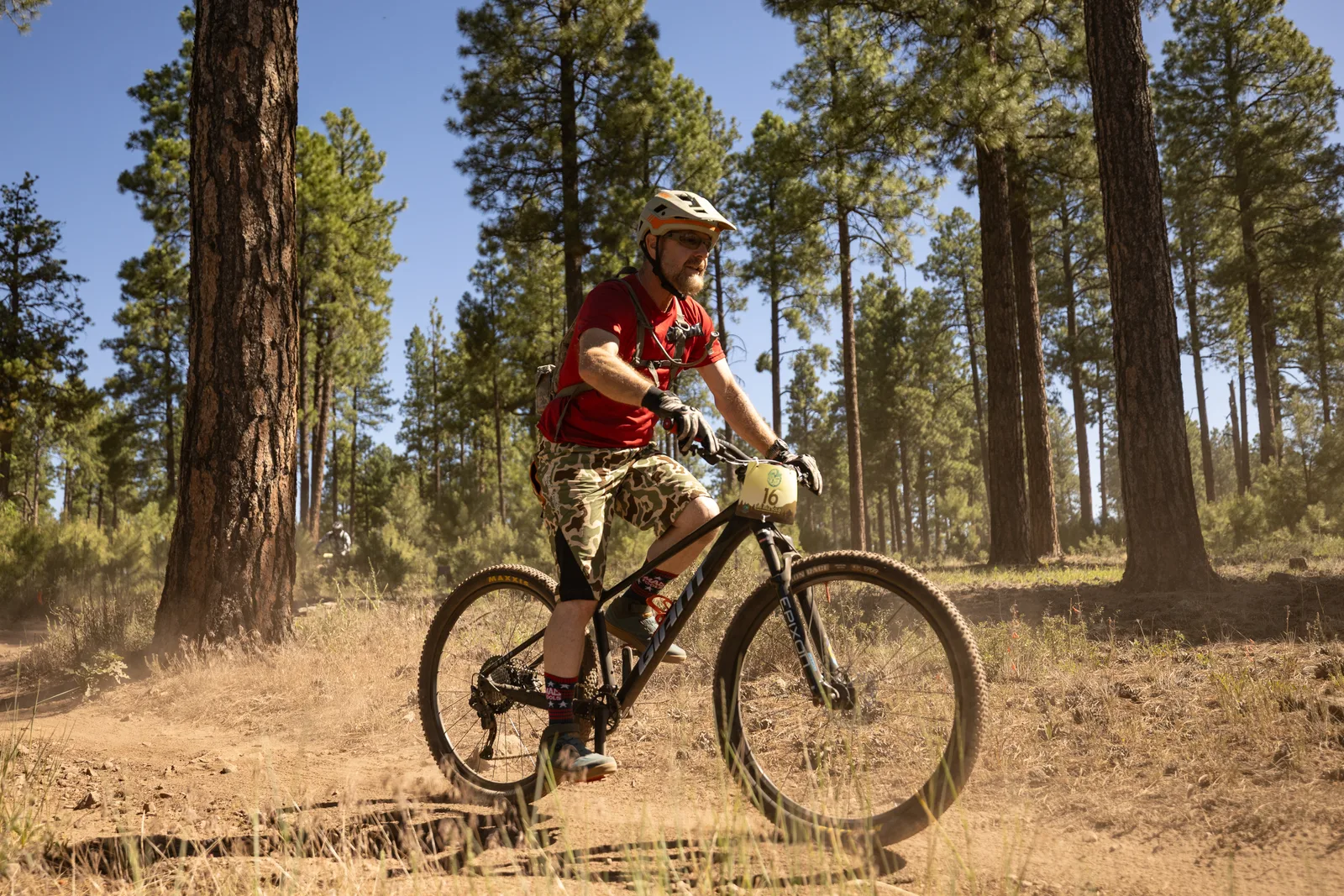 Rider on the Big Woody Rides loop in the pines near Flagstaff