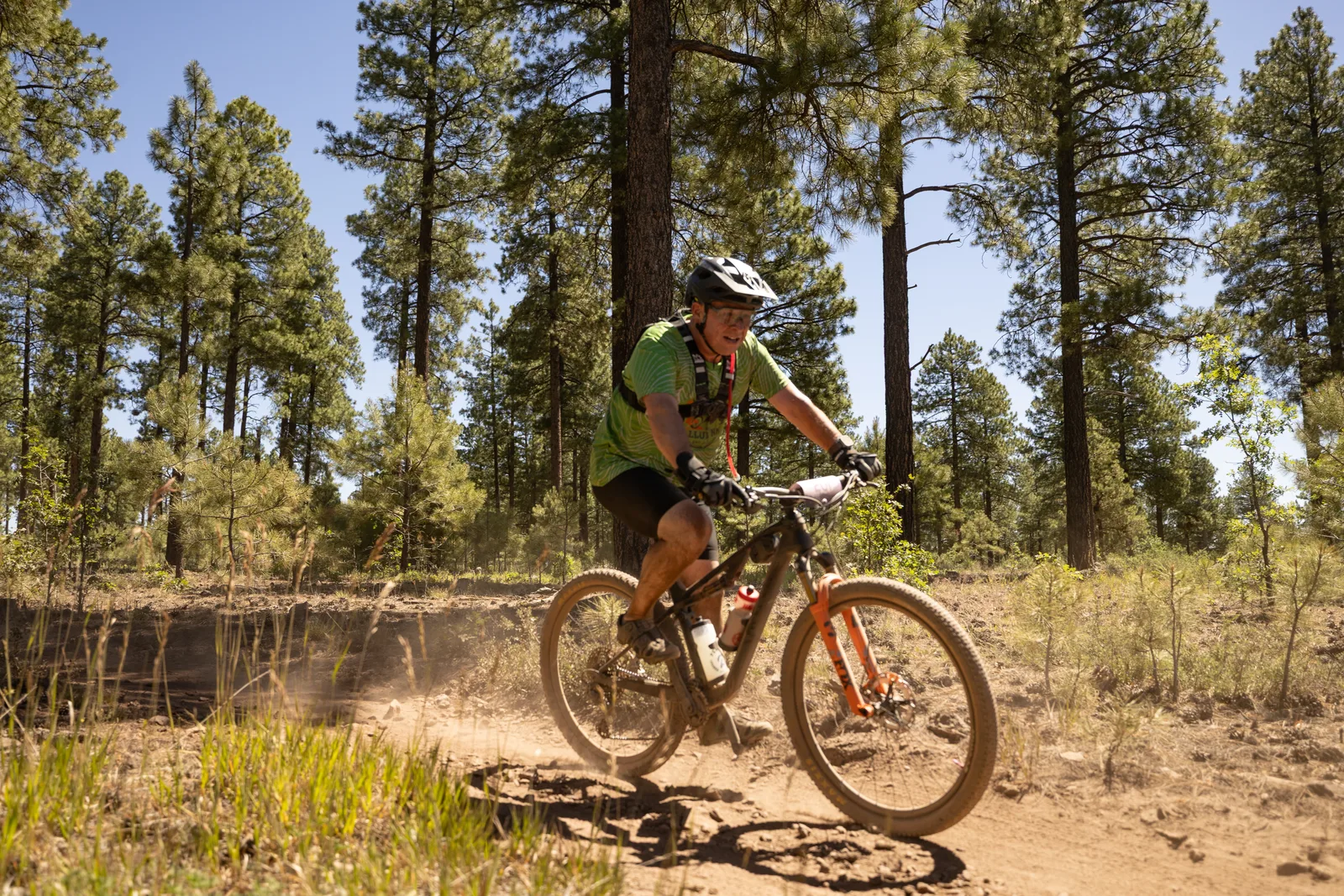 Rider on the Big Woody Rides loop in the pines near Flagstaff