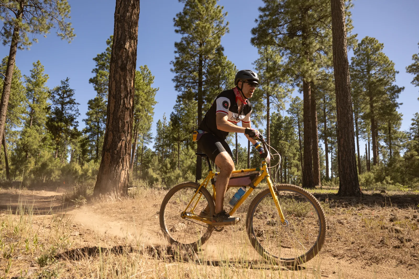 Rider on the Big Woody Rides loop in the pines near Flagstaff