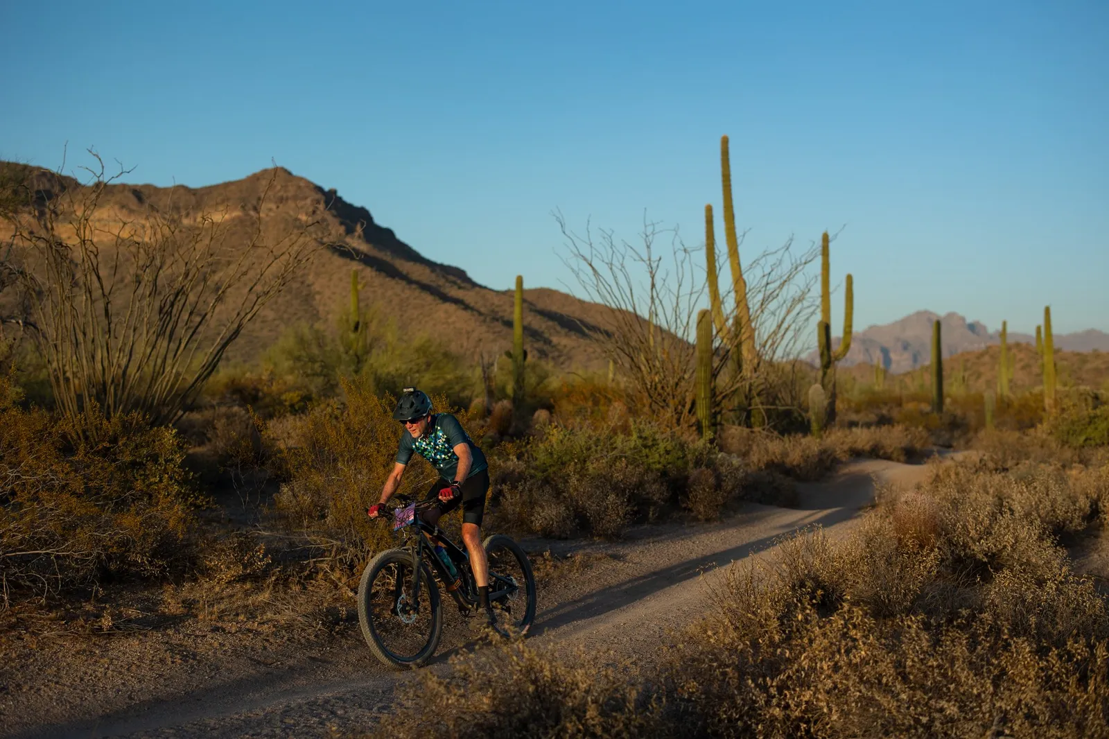 Rider on the Stunner Night Rides loop in Usery Mountain Regional Park