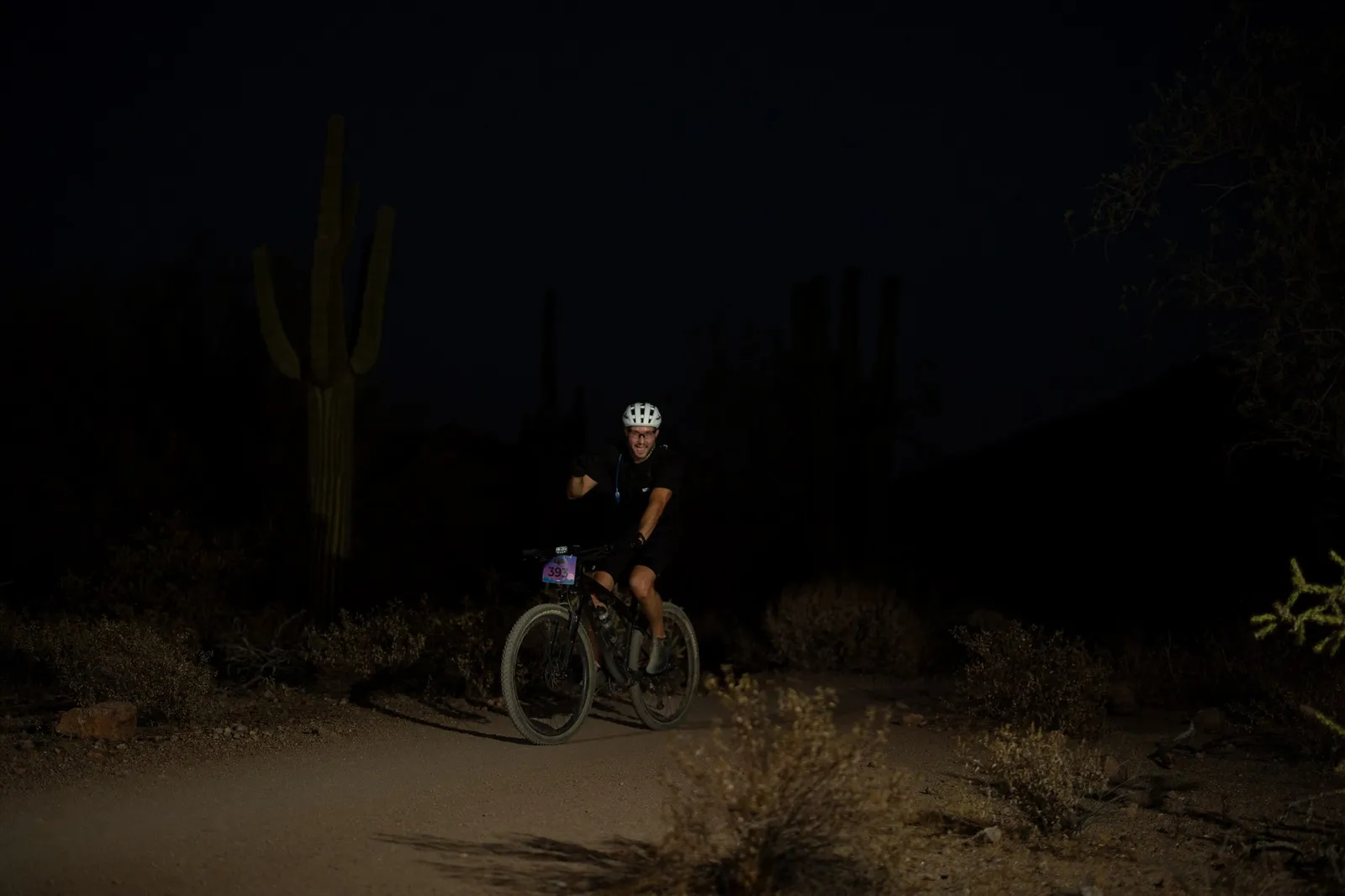 Rider on the Stunner Night Rides loop in Usery Mountain Regional Park