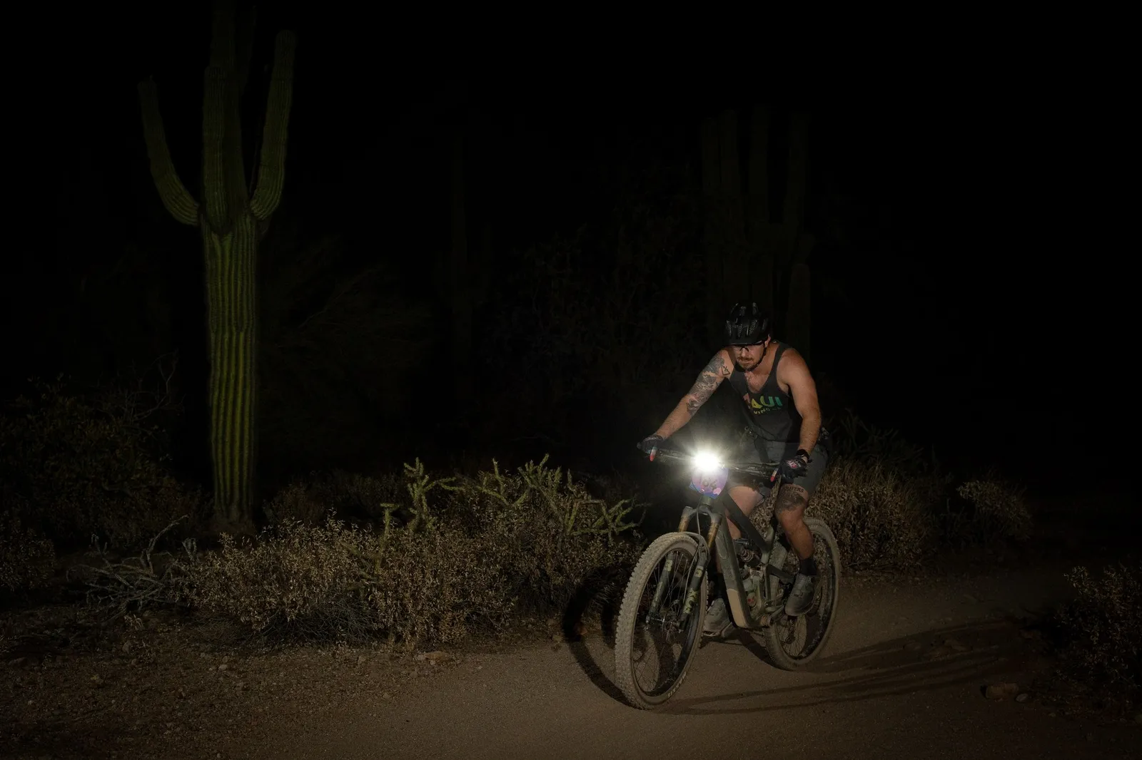 Rider on the Stunner Night Rides loop in Usery Mountain Regional Park