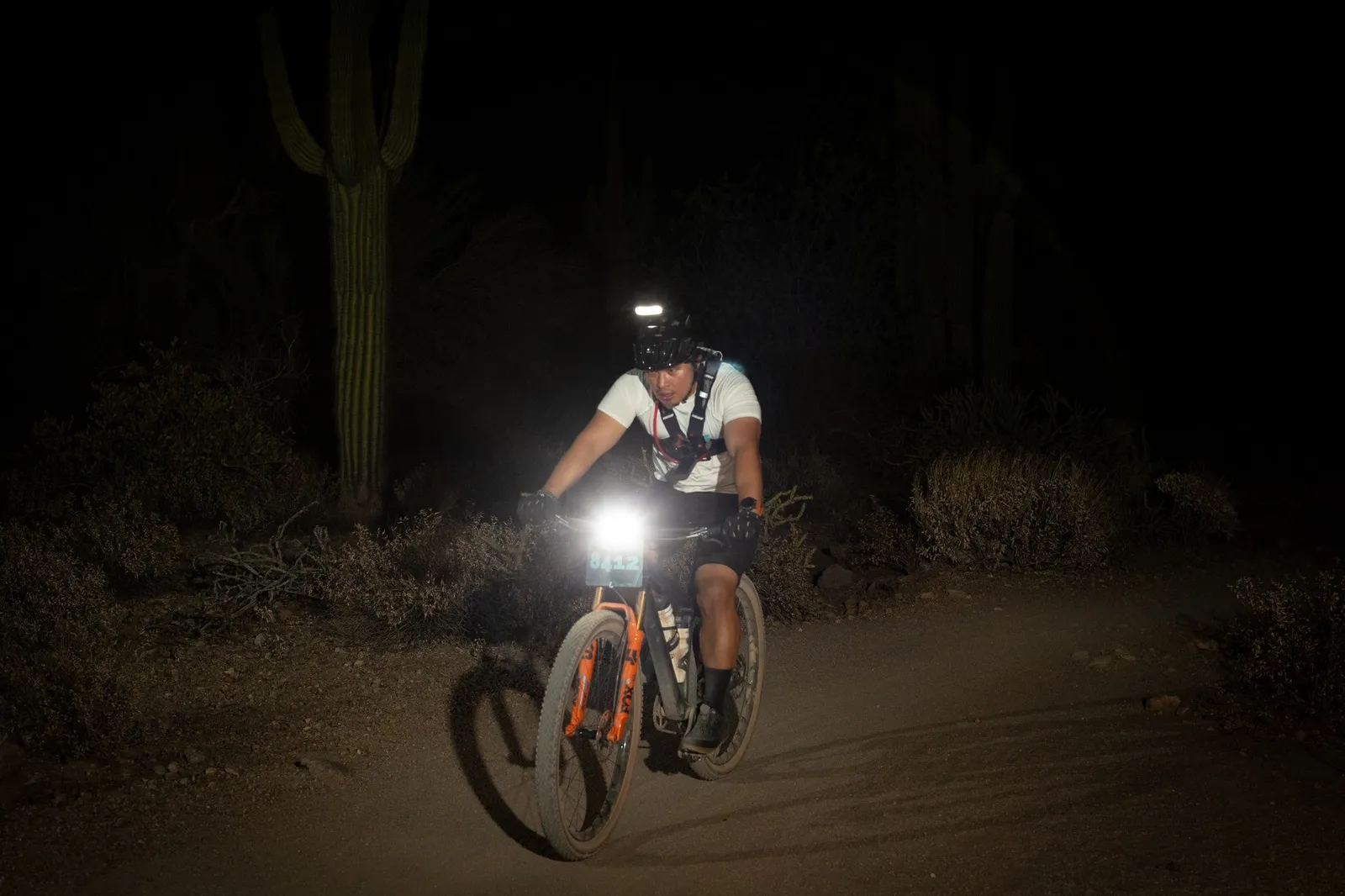 Rider on the Stunner Night Rides loop in Usery Mountain Regional Park