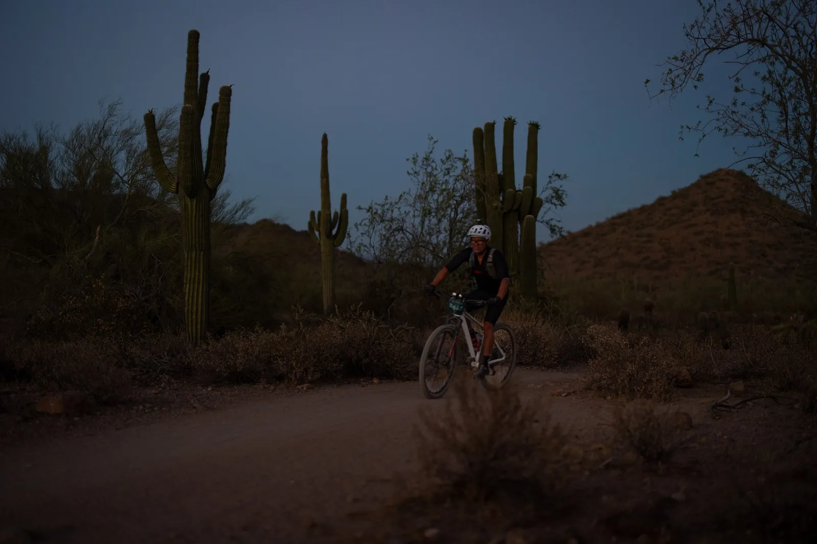 Rider on the Stunner Night Rides loop in Usery Mountain Regional Park