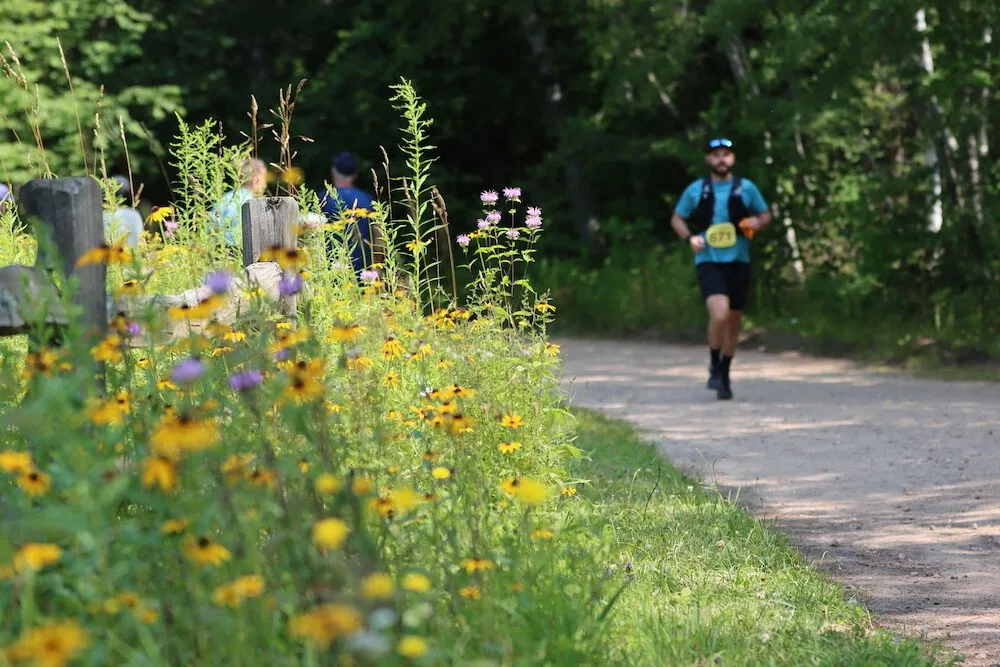 A runner passing wildflowers