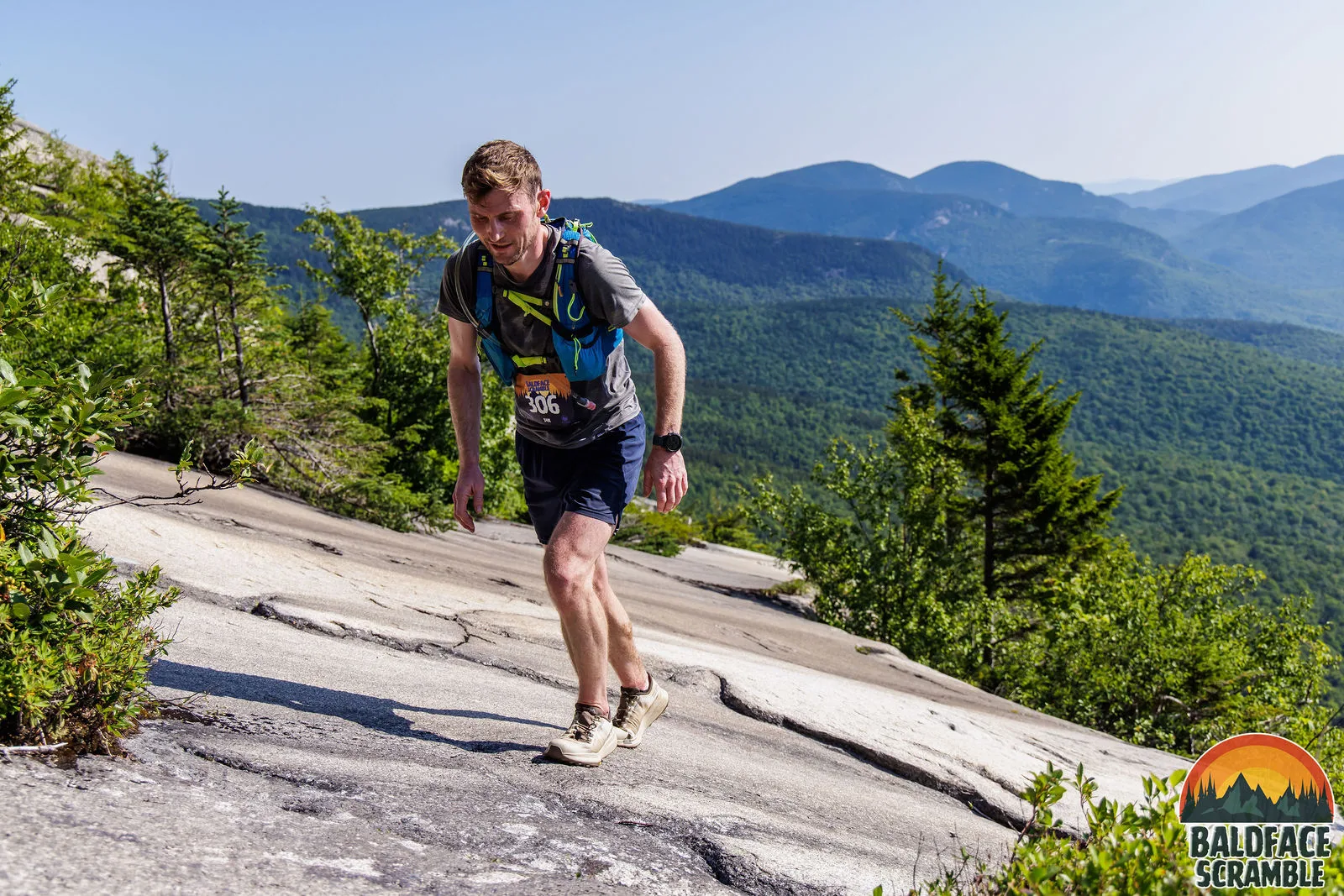 Climbing the slab with the White Mountains behind