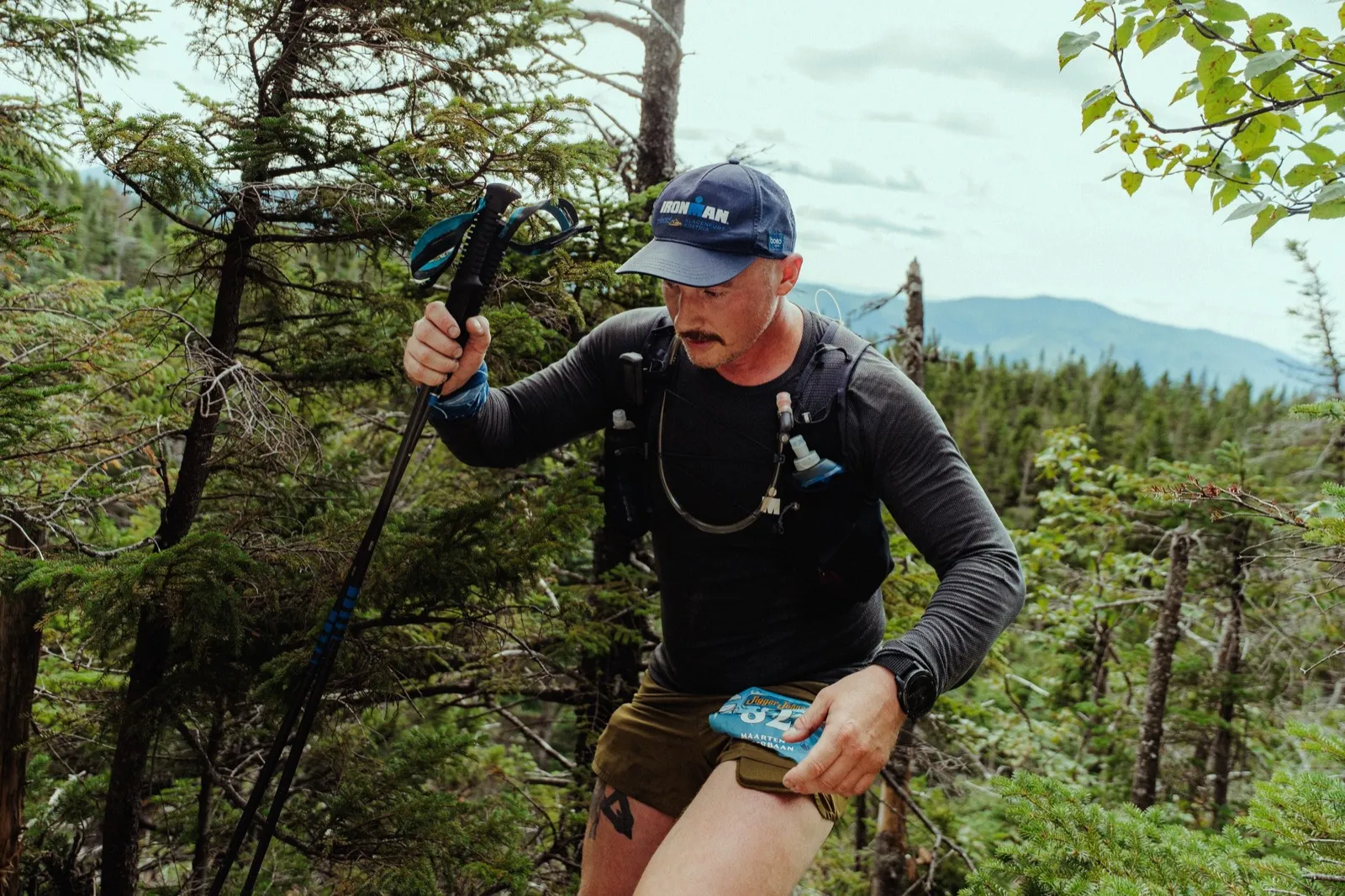 A runner climbs through the spruce with the high peaks behind